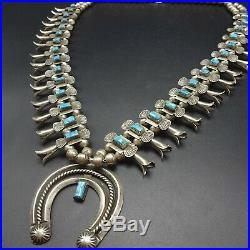1920s Vintage NAVAJO Sterling Silver Turquoise BOX BOW SQUASH BLOSSOM Necklace