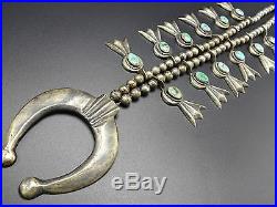 1930s NAVAJO Sand Cast STERLING SILVER Turquoise SQUASH BLOSSOM Necklace, 244g