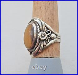 1970s VINTAGE 925 STERLING SILVER MADE''SC'' NAVAJO TIGER EYE RING SIZE 10.75