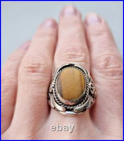 1970s VINTAGE 925 STERLING SILVER MADE''SC'' NAVAJO TIGER EYE RING SIZE 10.75