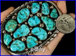 3 3/8 SOLID & Amazing Old Pawn Navajo Cluster TURQUOISE Sterling Belt Buckle