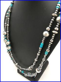 48in Long Navajo Pearls Native American Sterling Silver Turquoise Necklace 3098