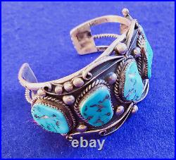 5-STONE VINTAGE NAVAJO TURQUOISE and STERLING SILVER CUFF BRACELET BEAUTIFUL