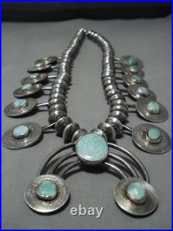 508 Gram Vintage Navajo Turquoise Sterling Silver Squash Blossom Necklace Old