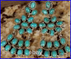 $680 TRI-LEVEL Navajo TURQUOISE CLUSTER DANGLE Sterling Silver Earrings HEAVY