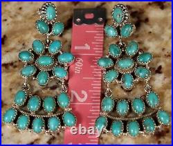 $680 TRI-LEVEL Navajo TURQUOISE CLUSTER DANGLE Sterling Silver Earrings HEAVY