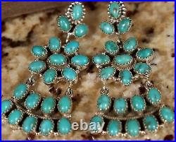 $680 TRI-LEVEL Navajo TURQUOISE CLUSTER DANGLE Sterling Silver Earrings HEAVY