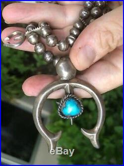 A+ Navajo Old Pawn Sand Cast Squash Blossom Necklace Sterling Silver & Turquoise