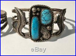 A825- Lot of 2 OLD PAWN NAVAJO STERLING SILVER & TURQUOISE LEAF CUFF BRACELET