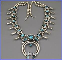 AUTHENTIC Navajo Sterling Silver Kingman Turquoise Squash Blossom Necklace 220g