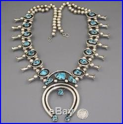 AUTHENTIC Navajo Sterling Silver Kingman Turquoise Squash Blossom Necklace 220g