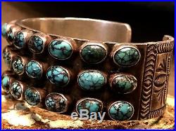 Amazing Old Pawn Navajo Thick Sterling Cuff Bracelet 30 High Grade Turquoise Pcs