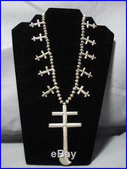 Ambrose Roanhorse Vintage Navajo Sterling Silver Cross Squash Blossom Necklace