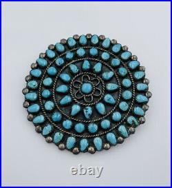 Antique Navajo Native American Sterling Silver Blue Turquoise Large Round Pin