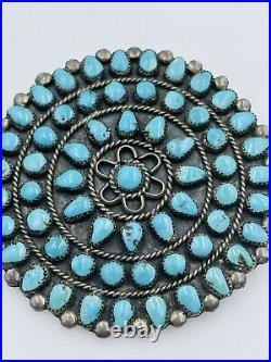 Antique Navajo Native American Sterling Silver Blue Turquoise Large Round Pin