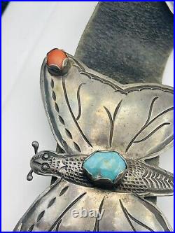 Antique Navajo Sterling Silver Turquoise & Coral Large Butterfly Concho Belt RPJ
