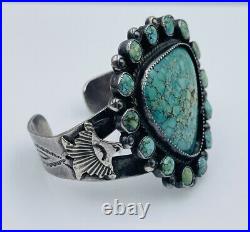 Antique Old Pawn Navajo Sterling Silver Triangle Turquoise Thunderbird Bracelet