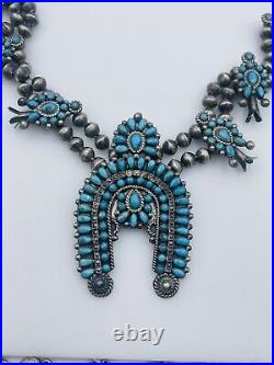 Antique Old Pawn Navajo Sterling Silver Turquoise Squash Blossom Necklace