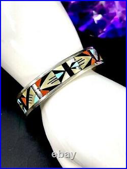Artisan Signed April Seciwa Zuni Sterling Silver Inlay Mop Stone Cuff Bracelet
