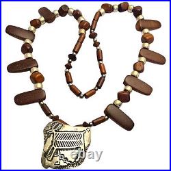 Astounding 1970s Navajo Desert Ironwood Sterling Silver Elk Tuffa Pin Necklace