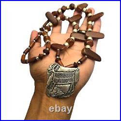 Astounding 1970s Navajo Desert Ironwood Sterling Silver Elk Tuffa Pin Necklace