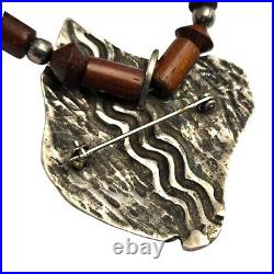 Astounding 1970s Navajo Desert Ironwood Sterling Silver Elk Tuffa Pin Necklace