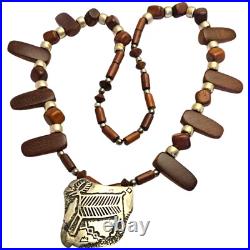 Astounding 1970s Navajo Desert Ironwood Sterling Silver Elk Tuffa Pin Necklace