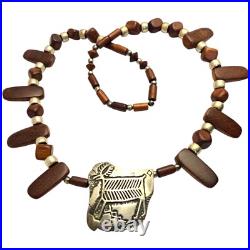 Astounding 1970s Navajo Desert Ironwood Sterling Silver Elk Tuffa Pin Necklace