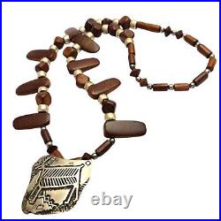 Astounding 1970s Navajo Desert Ironwood Sterling Silver Elk Tuffa Pin Necklace