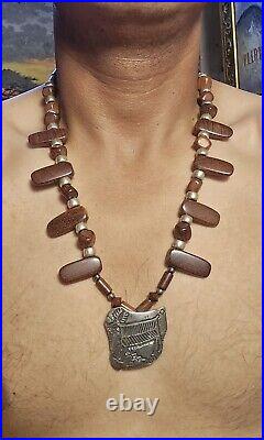 Astounding 1970s Navajo Desert Ironwood Sterling Silver Elk Tuffa Pin Necklace