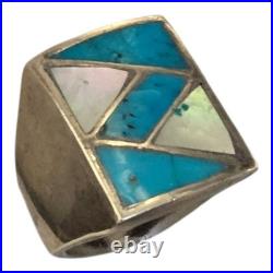 Astute Vintage Navajo Blue Gem Turquoise Channel Inlay Sterling Silver Ringsz8.5