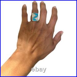 Astute Vintage Navajo Blue Gem Turquoise Channel Inlay Sterling Silver Ringsz8.5