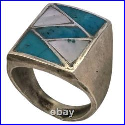 Astute Vintage Navajo Blue Gem Turquoise Channel Inlay Sterling Silver Ringsz8.5