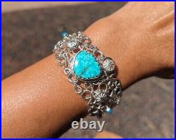 Authentic Navajo Sterling Silver Turquoise Bracelet Handcrafted NA Jewelry Sz 7