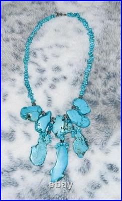 Authentic Vintage Large Slab Marbled Turquoise Stone Beaded Statement Necklace