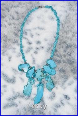 Authentic Vintage Large Slab Marbled Turquoise Stone Beaded Statement Necklace