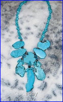 Authentic Vintage Large Slab Marbled Turquoise Stone Beaded Statement Necklace