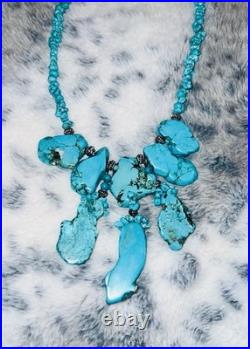 Authentic Vintage Large Slab Marbled Turquoise Stone Beaded Statement Necklace