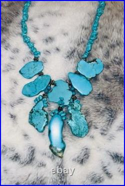 Authentic Vintage Large Slab Marbled Turquoise Stone Beaded Statement Necklace