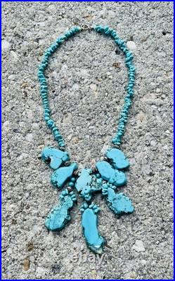 Authentic Vintage Large Slab Marbled Turquoise Stone Beaded Statement Necklace