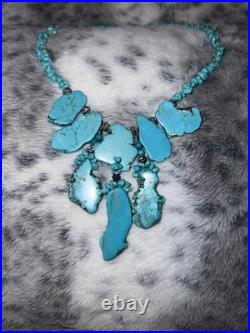 Authentic Vintage Large Slab Marbled Turquoise Stone Beaded Statement Necklace