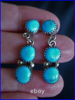 BEAUTIFUL Vtg Navajo Blue TURQUOISE Gemstone STERLING Silver Pierced EARRINGS