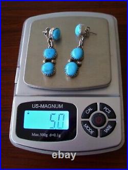 BEAUTIFUL Vtg Navajo Blue TURQUOISE Gemstone STERLING Silver Pierced EARRINGS