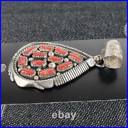 BIG Vintage Native Navajo Sterling Silver Coral Necklace Pendant Signed