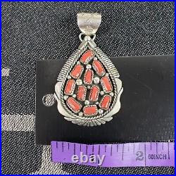 BIG Vintage Native Navajo Sterling Silver Coral Necklace Pendant Signed