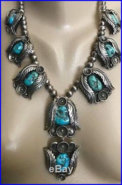 Beautiful Lg Vintage Navajo Sterling Silver & Turquoise Squash Blossom Necklace