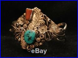 Beautiful Native American NAVAJO HARRY YAZZIE Sterling Turquoise Coral Bracelet