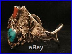 Beautiful Native American NAVAJO HARRY YAZZIE Sterling Turquoise Coral Bracelet