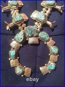 Beautiful Vintage Navajo Sterling Silver Turquoise Squash Blossom Necklace