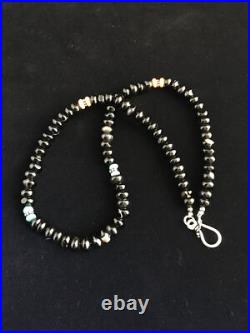 Black Onyx & Turquoise Navajo Sterling Silver Necklace 18 10022